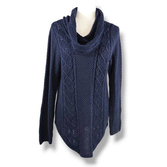 EUC Jeanne Pierre Cable Knit Cowl Neck Cotton Sweater Sz. M Dark Blue - Picture 2 of 9